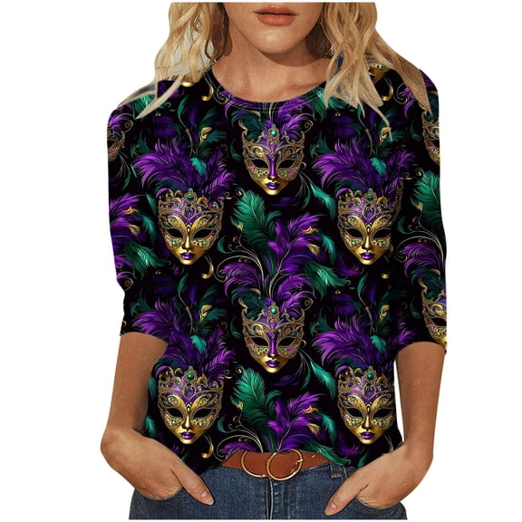 Byworldtasic Womens 3/4 Sleeve Tops Carnival Fashion Round Neck Mardi Gras Printed Blouse Pullover T-shirt