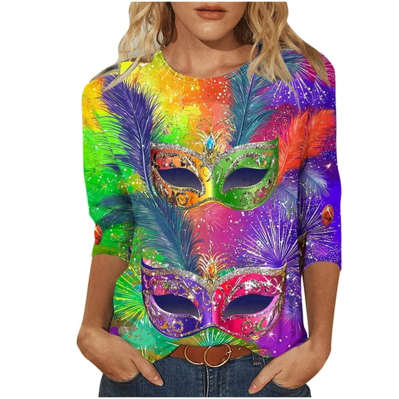 Byworldtasic Womens 3/4 Sleeve Tops Carnival Fashion Round Neck Mardi Gras Printed Blouse Pullover T-shirt