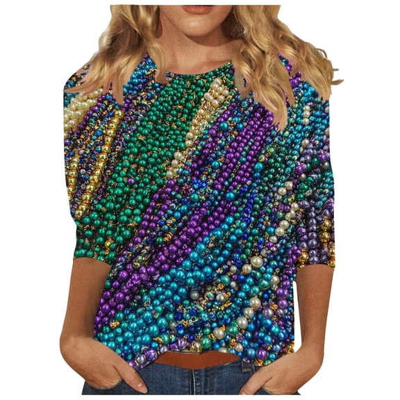 Byworldtasic Womens 3/4 Sleeve Tops Plus Size Mardi Gras Costumes Fashion Round Neck Printed Blouse