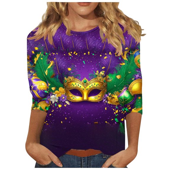 Byworldtasic Womens 3/4 Sleeve Tops Plus Size Mardi Gras Costumes Fashion Round Neck Printed Blouse