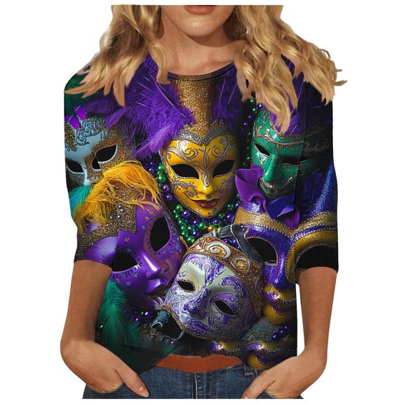 Byworldtasic Womens 3/4 Sleeve Tops Plus Size Mardi Gras Costumes Fashion Round Neck Printed Blouse