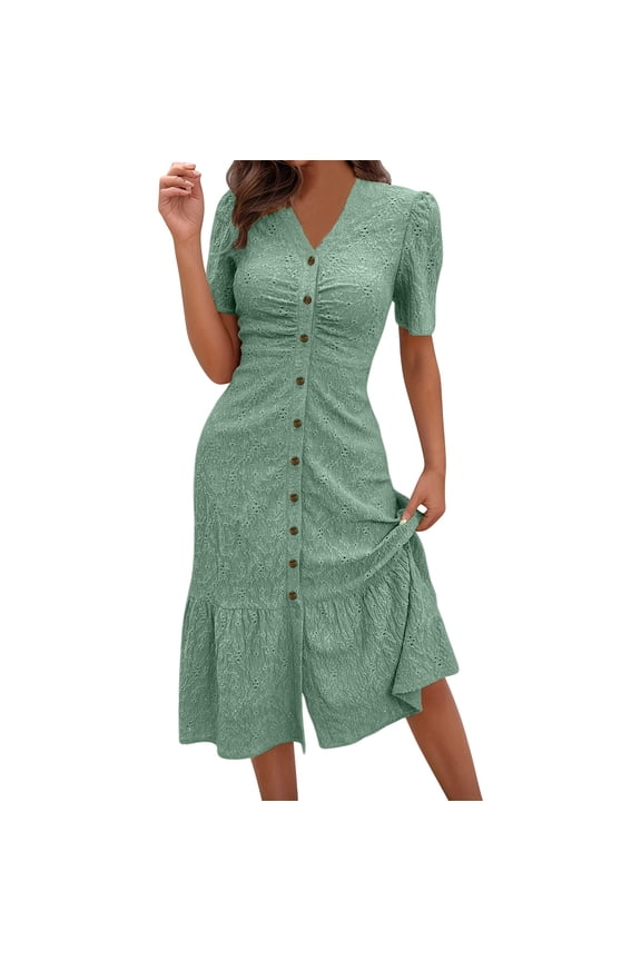 Womens Beach Dress Hollow Out Embroidered Button Up Dress with Ruffle Hemline Maxi Outfit