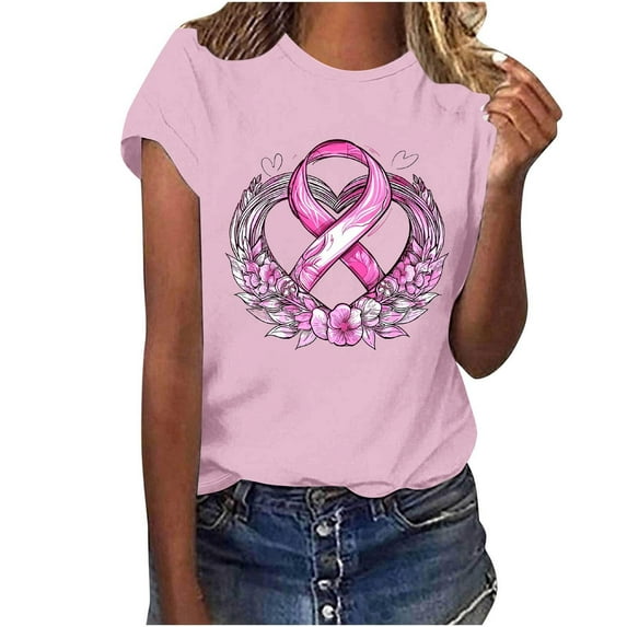 Byworldtasic Womens Blouse Pink Ribbon Shirts for Women Breast Cancer Awareness T-Shirt Breast Cancer Short Sleeve Tops