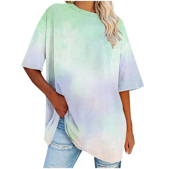 Byworldtasic Womens Blouse Women's Casual Crewneck Top Short Sleeve Tie Dye Oversized T Shirt Graphic Tee
