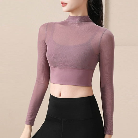 Byworldtasic Womens Blouses High Neck Crop Tops with Built in Bra Mesh Sports Bra Sheer Mock Neck Padded Workout Cropped Yoga Shirts