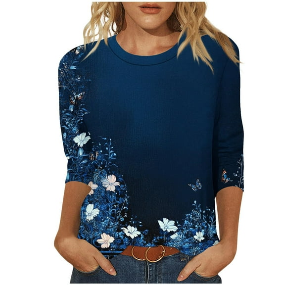 Byworldtasic Womens Blouses Long Sleeve Tunic Tops for Women Crew Neck Flower Print Pleated T-Shirts Fall Blouses