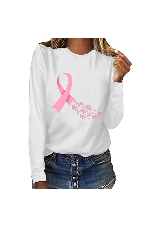 Womens Blouses Women's Casual Breast Cancer Printed Loose Round Neck Long Sleeve T-shirt Tops Blouse