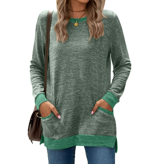 Byworldtasic Womens Blouses No Boundaries Women‘s Casual Round-neck Pullovers Color Block Fall Fashion Long Sleeve Side Split Pockets Tunic Top