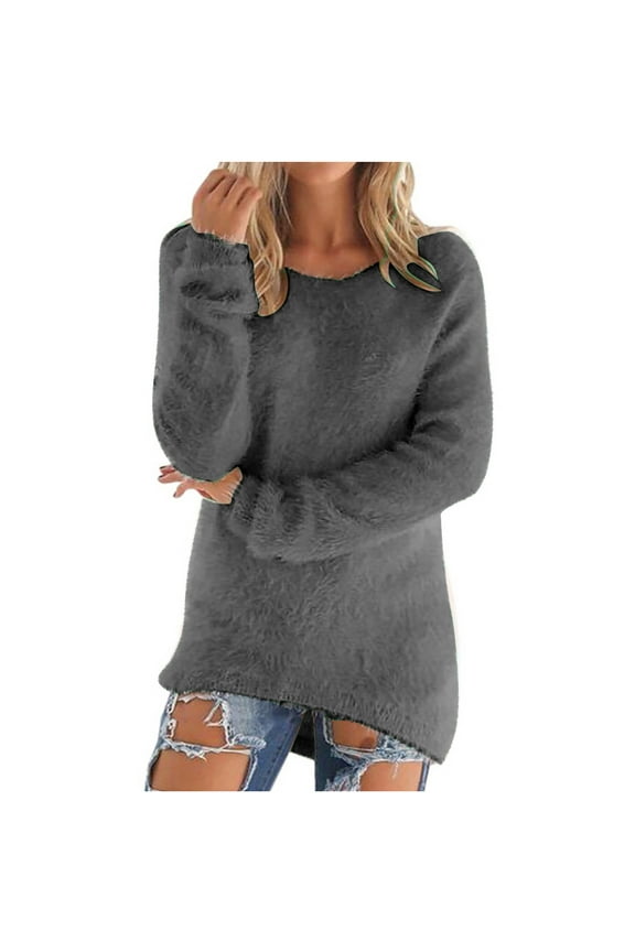 Womens Blouses Women's Fashionable Solid Color Long Sleeve Pullovers Loose Fluffy Fuzzy Jumper Sweater