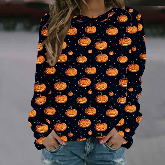 Byworldtasic Womens Blouses Womens Casual Halloween Printed Long Sleeved Round Neck Trendy Tops