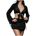 thumbnail image 1 of Byworldtasic Womens Crochet Swimsuit Coverups 2 Piece Bathing Suit Cover Up Long Sleeve Tie Front Crop Top Mini Skirt Sets, 1 of 7