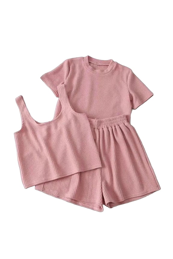Womens Crop Cami 3 Piece Waffle Knit Lounge Set Summer Pajama Sets with Short Sleeve Top Drawstring Shorts