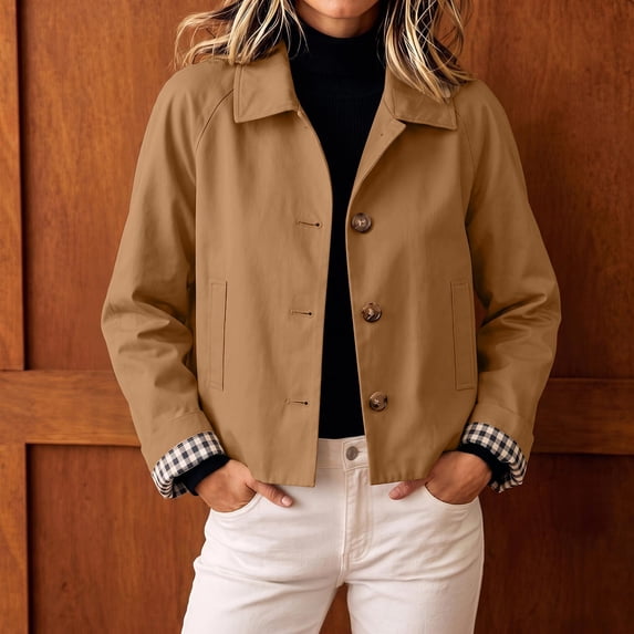 Byworldtasic Womens Cropped Trench Jacket Button Front Lightweight Coat Long Sleeve Classic Outerwear with Pockets