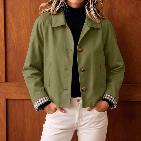 Byworldtasic Womens Cropped Trench Jacket Button Front Lightweight Coat Long Sleeve Classic Outerwear with Pockets
