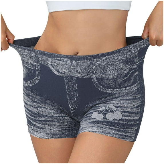 Byworldtasic Womens Denim Printed Butt Lifting Booty Biker Shorts Compression Yoga Athletic Shorts