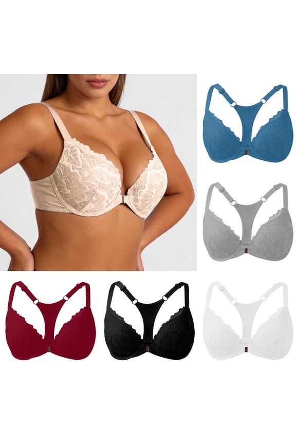 Womens Floral Lace Racerback Front Closure Underwire Bra Adjustable Thin Strap Unlined Breathable T-Back Bra