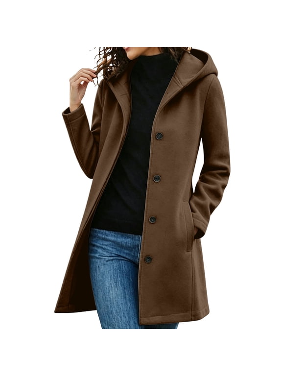 Womens Hooded Coats Winter Warm Long Wool Trench Jacket Single Breasted Pea Coat with Pocket