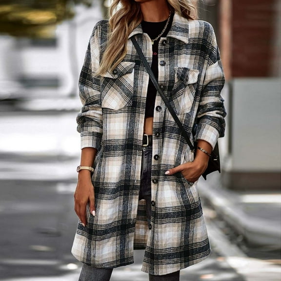 Byworldtasic Womens Jacket Women's Casual Plus Size Plaid Lapel Woolen Button Up Pocketed Long Shacket Coat