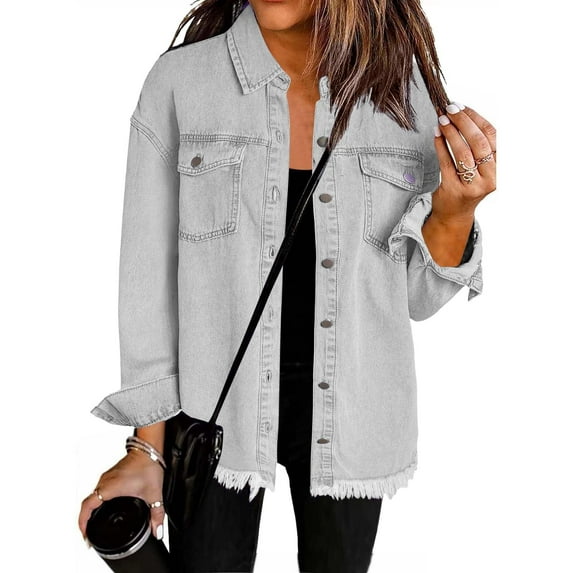 Byworldtasic Womens Jacket Women’s Oversized Button Up Frayed Hem Shacket Long Sleeve Pockets Denim Jean Shacket Jacket