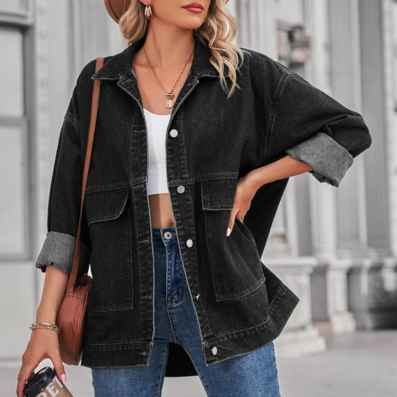 Byworldtasic Womens Jacket Women's Oversized Denim Jacket Casual Long Sleeve Vintage Jean Jacket Top Coat with Pockets