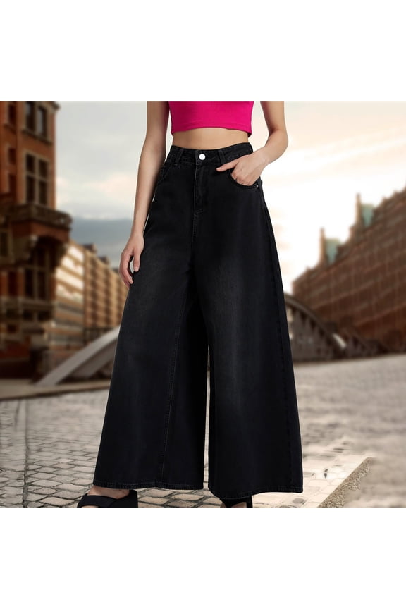 Womens Jeans Women's Baggy Jeans with Snap-Button Waistband Wide Straight Leg High Rise Denim Pants Gray