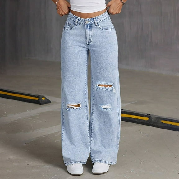 Byworldtasic Womens Jeans Women's Fashion Comfortable Casual Versatile Pocket Straight Leg Trousers Long Pants Light Blue
