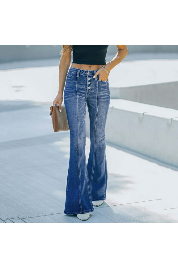 Womens Jeans Women's High Waisted Jeans Wide Leg Button Fly Bell Bottoms Flared Denim Pants