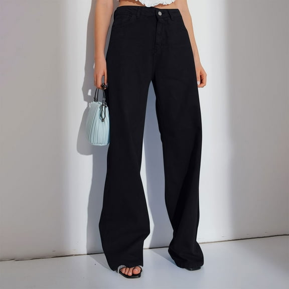 Byworldtasic Womens Jeans Women's High Waisted Wide Leg Jeans Pants Soft Breathable Casual Denim Pants Solid Color Palazzo Trouser Black