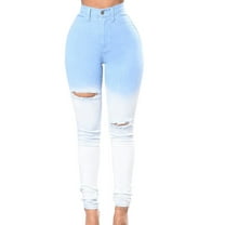 Byworldtasic Womens Jeans Women's Skinny Stretch Jeans Frayed Raw Hem Slim Fit Jeans Ripped Denim Pants Light Blue