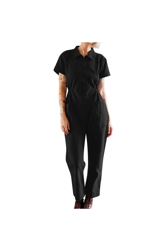 Womens Jumpsuit Women's Short Sleeve Zip-Up Coverall Lightweight Cotton Linen Work Jumpsuit