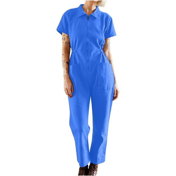 Byworldtasic Womens Jumpsuit Women's Short Sleeve Zip-Up Coverall Lightweight Cotton Linen Work Jumpsuit