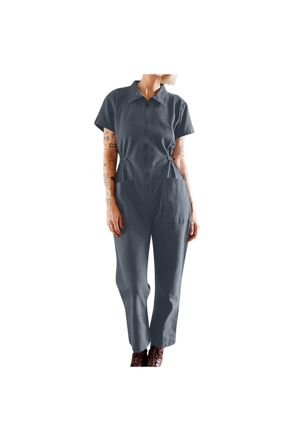 Womens Jumpsuit Women's Short Sleeve Zip-Up Coverall Lightweight Cotton Linen Work Jumpsuit