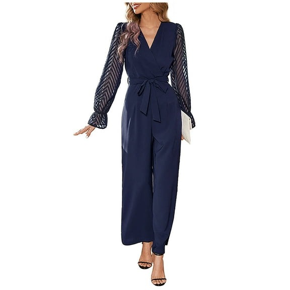 Byworldtasic Womens Jumpsuit Women's Solid Color V-Neck Fashion Gauze Mesh Slim Wide Leg Jumpsuit