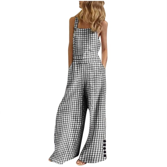 Byworldtasic Womens Jumpsuit Women's Summer Boho Casual Jumpsuits Wide Leg Plaid Print Baggy Rompers with Pockets