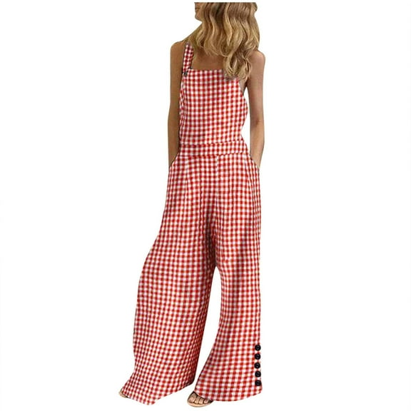 Byworldtasic Womens Jumpsuit Women's Summer Boho Casual Jumpsuits Wide Leg Plaid Print Baggy Rompers with Pockets