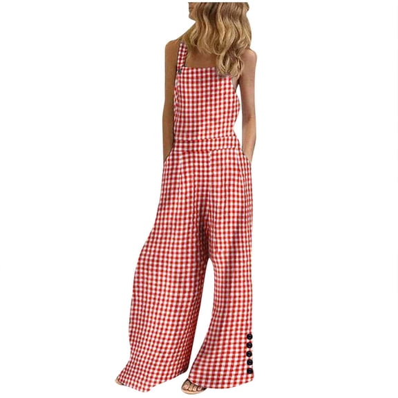 Byworldtasic Womens Jumpsuit Women's Summer Boho Casual Jumpsuits Wide Leg Plaid Print Baggy Rompers with Pockets