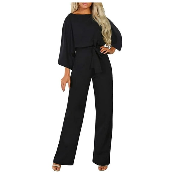 Byworldtasic Womens Jumpsuit Womens Loose Short Sleeve Belted Wide Leg Pant Romper Jumpsuit Casual Business One Piece Outfits