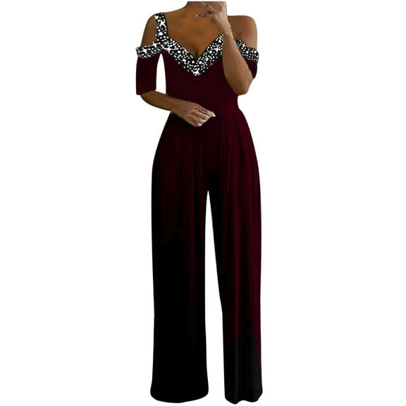 Byworldtasic Womens Jumpsuit Womens Short Sleeve Jumpsuit Wedding Guest Evening Party Rompers Formal Elegant Wide Leg Long Pants