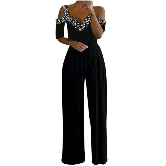 Byworldtasic Womens Jumpsuit Womens Short Sleeve Jumpsuit Wedding Guest Evening Party Rompers Formal Elegant Wide Leg Long Pants