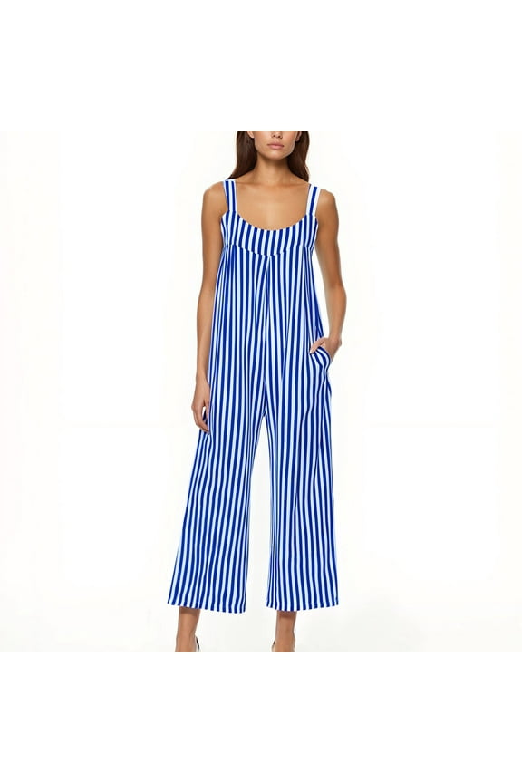 Womens Jumpsuit Womens Striped Sleeveless Smocked Jumpsuit Cutout Back Wide Leg Summer Casual Overall Romper