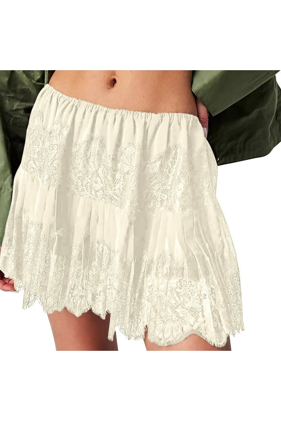 Womens Lace Slip Skirt Low Rise Y2k Layered Pleated Ruffle Flowy Skirt Mesh Mini Underskirt