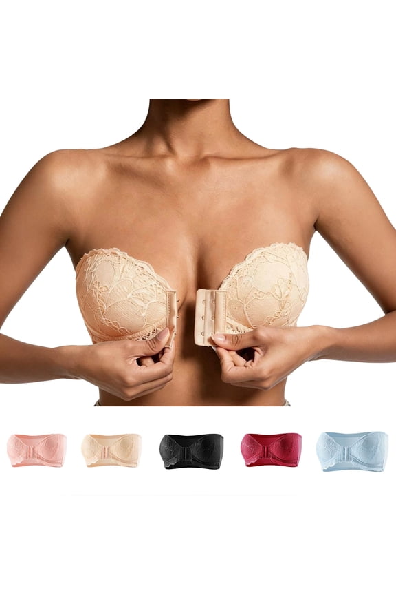 Womens Lace Strapless Front Closure Push Up Bra Support Invisible Multiway Bralette