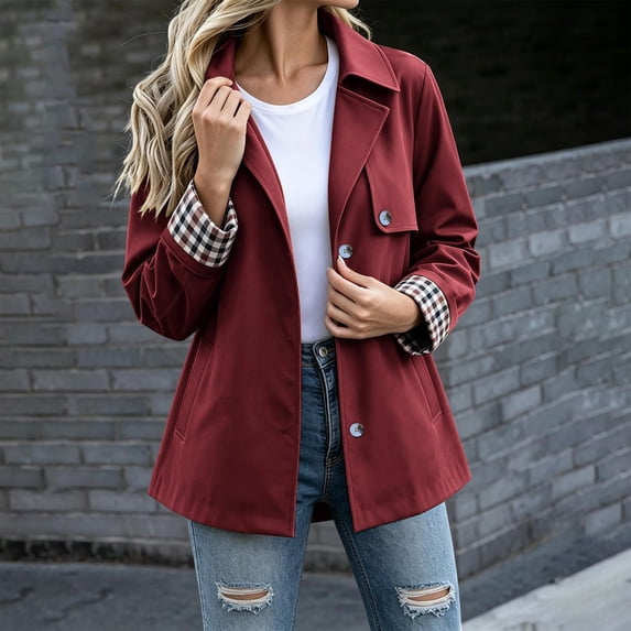 Byworldtasic Womens Lapel Short Trench Coat Plaid Cuff Lightweight Casual Button Jacket with Pockets