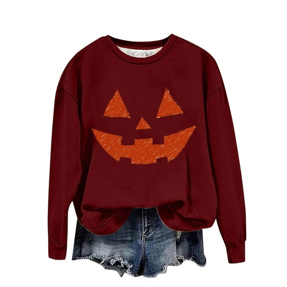 Byworldtasic Womens Long Sleeve TopsHalloween Pumpkin Face Sweatshirts Women Fall Long Sleeve Shirts Blouse Graphic Printed Crewneck Pullover Top