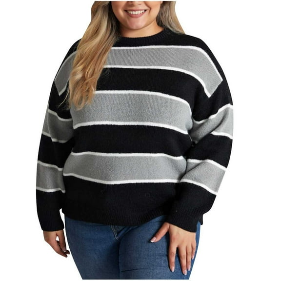Byworldtasic Womens Loose Fit Sweaters Oversized Sweaters for Women Long Sleeve Crewneck Striped Color Block Knit Pullover Blouse Gray