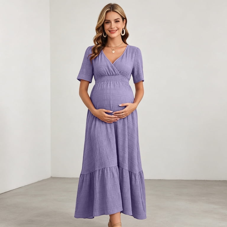 Byworldtasic Womens Maternity Nursing Maxi Dress Short Sleeve Wrap V Neck Baby Shower Photoshoot Wedding Dress