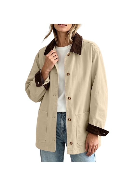 Womens Oversized Barn Long Jacket Coat Vintage Zip Up Daily Outdoor Jackets with Pockets