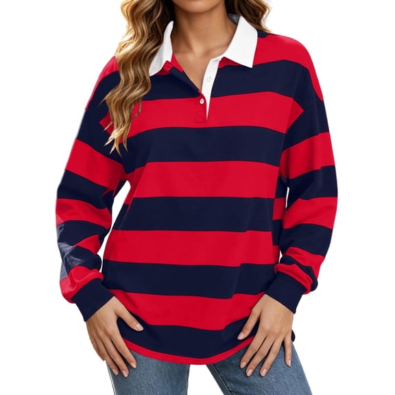 Byworldtasic Womens Oversized Striped Polo Shirt Lapel Collared Y2K T Shirt Long Sleeve Rugby Sweatshirt