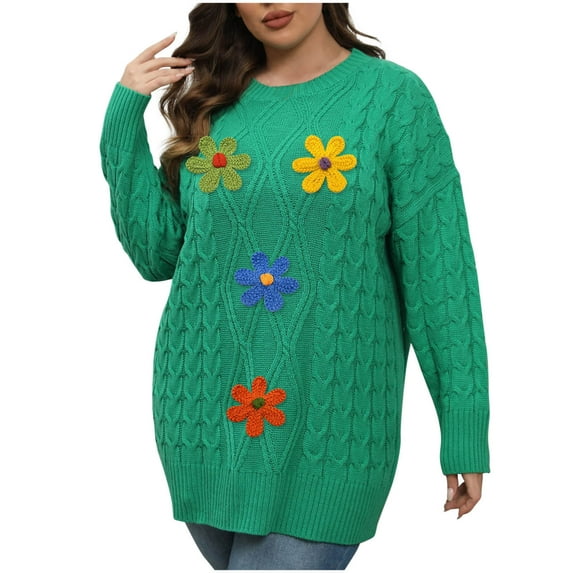 Byworldtasic Womens Oversized Sweaters Women Floral Sweater Long Sleeve Round Neck Casual Lounge Colorful Flower Knit Pullover Top Green