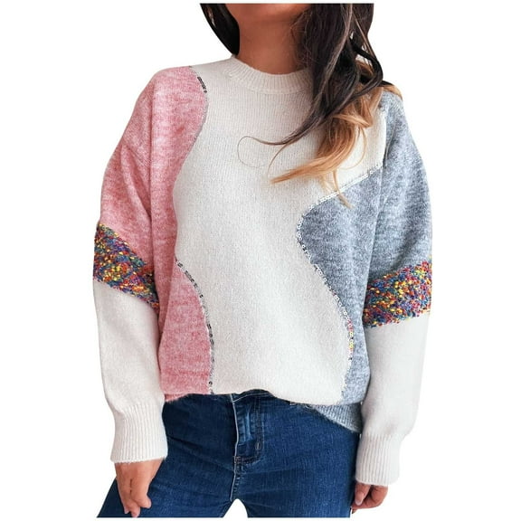 Byworldtasic Womens Oversized Sweaters Women's Long-Sleeved Round Neck Sweaters Sequin Color Block Fashion Pullover Sweaters Multicolor